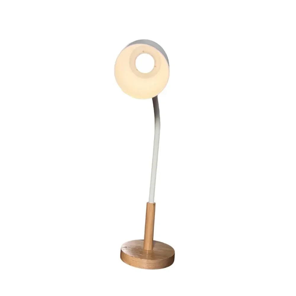 Modern Wood & White Desk Lamp USB Powered Adjustable Gooseneck Table Light